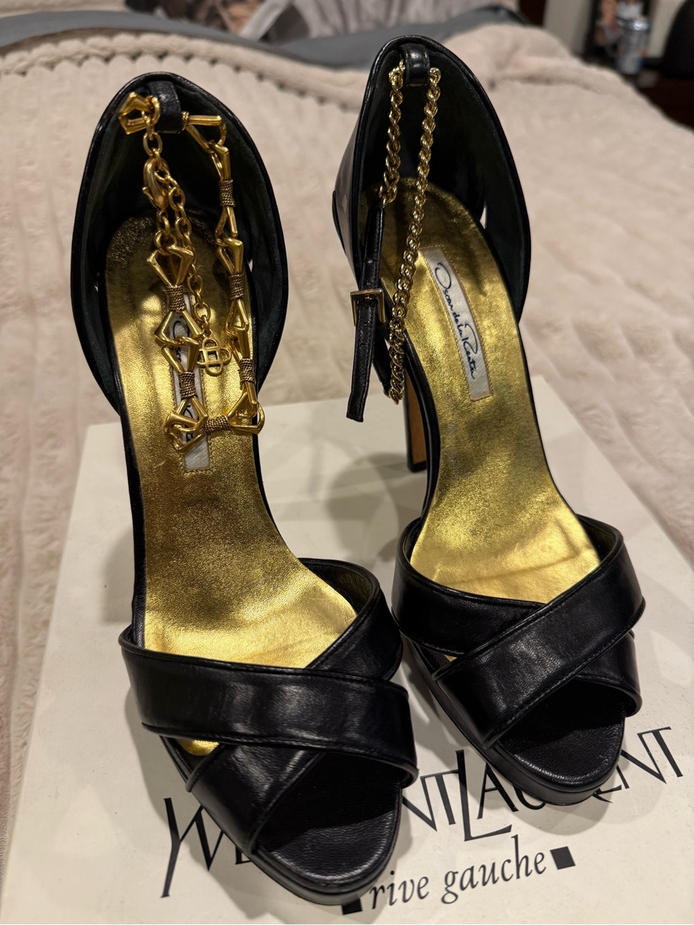 Oscar de la Renta Black Leather High Heel Sandals with Gold Chain Accents